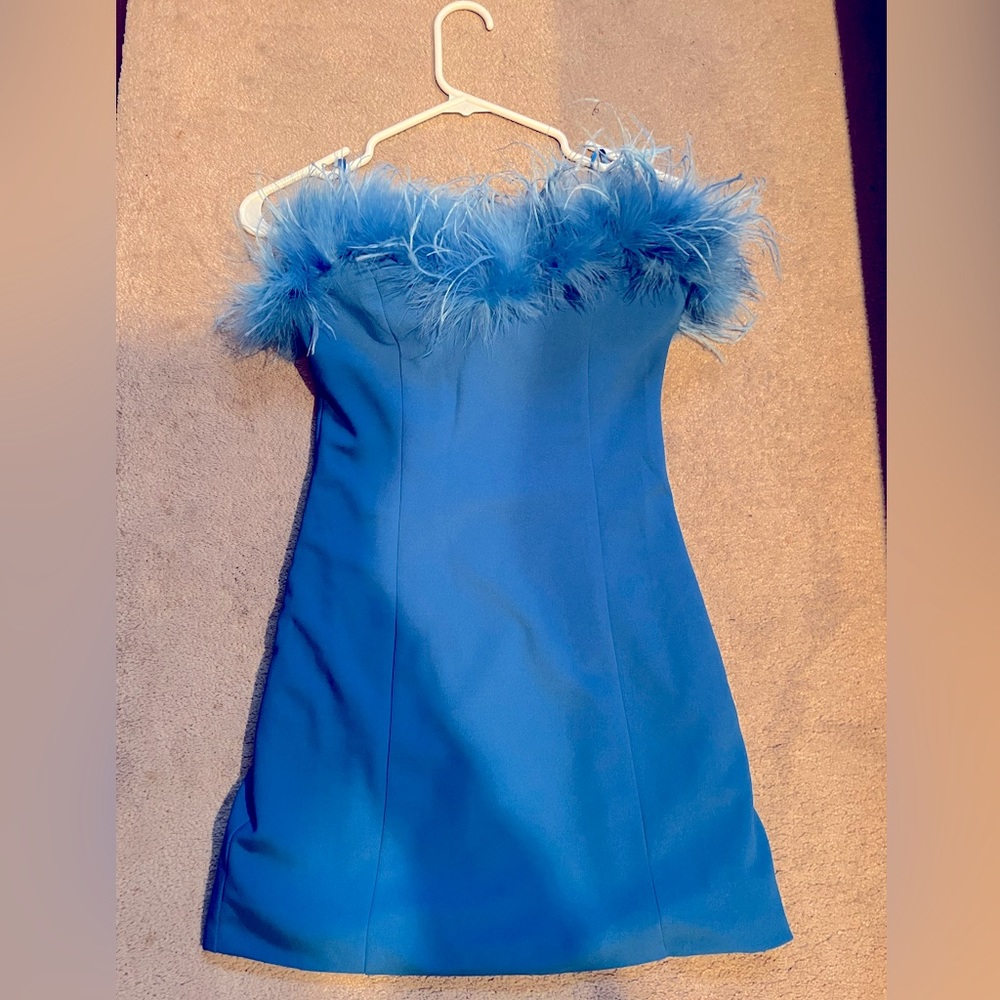 Brand new never worn blue feather mini dress